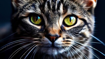 Close-up of gray tabby cat on black background.