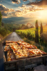 Cargo truck full of pizza products on the road in the pasture with sheep in a tuscany countryside...