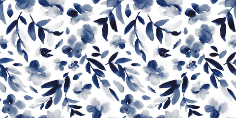 Watercolor floral in blue grey and blackish navy. Seamless pattern.  - 789902972