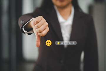 A professional businesswoman giving a thumbs down with a one-star rating, symbolizing poor service or customer dissatisfaction.