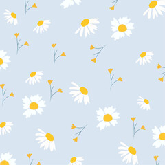 A beautiful Seamless patterns with daisy flower, meadow and hand drawn hearts on blue backgrounds vector illustration. Cute summer wallpaper
