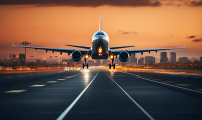 Fototapeta na wymiar Large commercial airplane landing or take off on runway at night. Journey abroad tourism, oversea travel, flight transit, air travel transport, airline business, or transportation industry concept