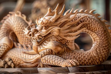 Fototapeta premium Photo capturing lifelike features of a wooden dragon. Intricate details showcased AI Image