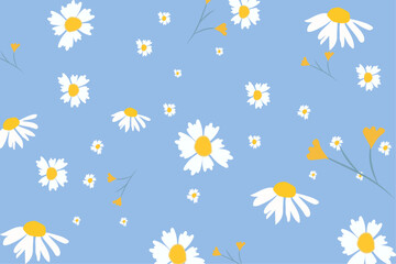 A Seamless patterns with daisy flower, meadow and hand drawn hearts on blue backgrounds vector illustration. Cute summer wallpaper.