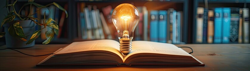 Light bulb glowing over an open book on a desk, symbolizing creativity and innovation in education