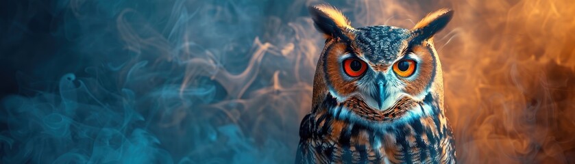 Intense gaze of a vividly colored owl against a mysterious, smoke-filled background