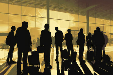 Silhouettes of travelers at airport, golden sunset, concept of travel and business. Graphic novel style - obrazy, fototapety, plakaty