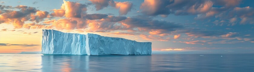 Majestic iceberg floating in a calm ocean with clouds above