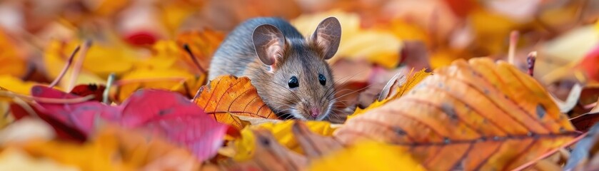 Mouse peeking through colorful autumn leaves