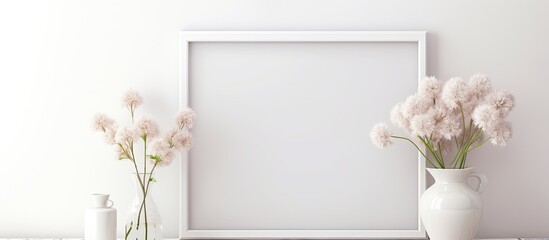 White frame mockup with floral arrangement on table