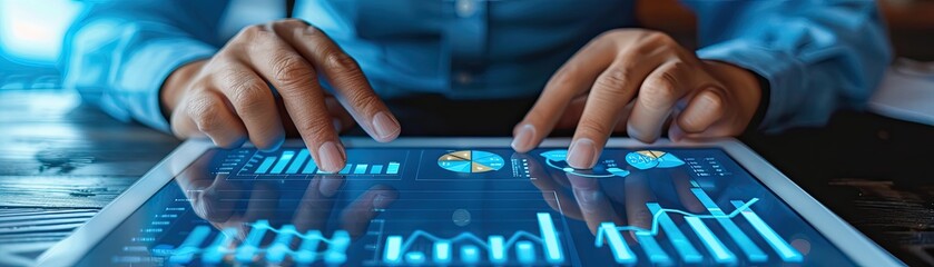 Person analyzing corporate strategy with blue digital graphs on a tablet