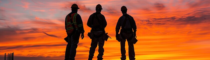 Silhouettes of construction workers against a fiery sunset sky