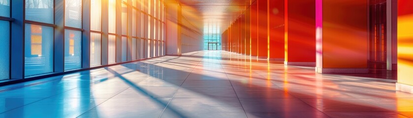 Sunlight casting vibrant hues through a modern architectural corridor