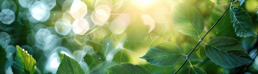 Sunlight filters through a network overlay on green leaves - obrazy, fototapety, plakaty