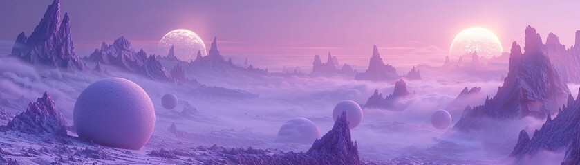 Surreal alien landscape with purple hues and spherical objects