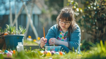 A young woman with Down syndrome enjoys a creative activity by painting Easter eggs for Easter in her backyard.