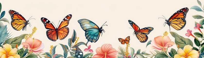 Fototapeta na wymiar Vibrant tropical butterflies on a floral illustrated background