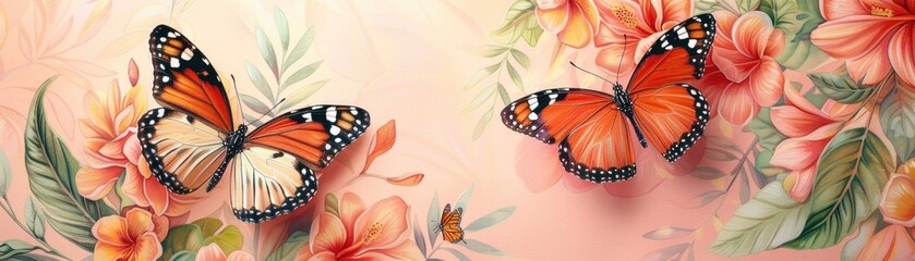 Vibrant tropical butterflies on a floral illustrated background