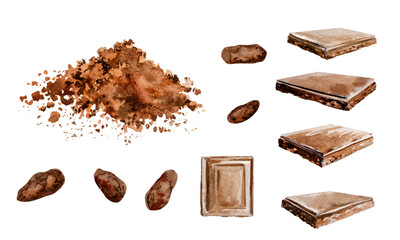 Watercolor illustration chocolate, cocoa ingredients. Chocolate pieces, hand drawing.