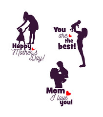 Silhouettes of mother and child. Happy Mother's Day. hand drawing. Not AI, Vector illustration