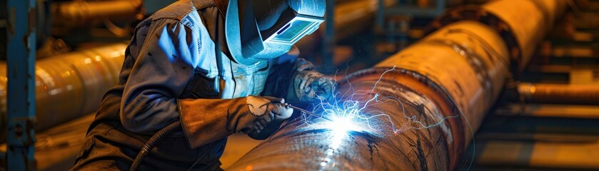 Welder in protective gear diligently working on a large metal pipe - obrazy, fototapety, plakaty