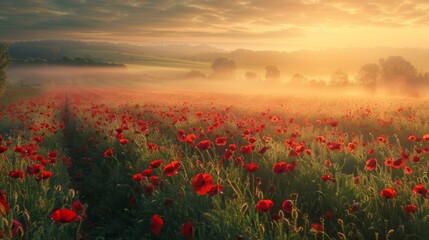 field of poppies at sunrise, beautiful summer landscape with red flowers in meadow