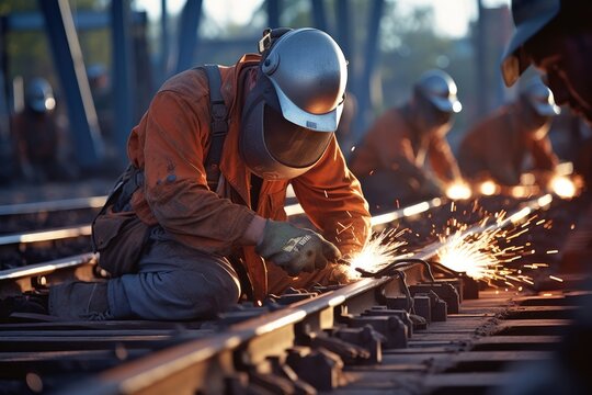  Welding the Tracks: A close-up of workers welding tracks together.