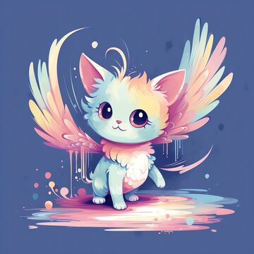 Fantasy Cat, Imaginary cat with wings and rainbow colors, cartoon
