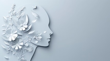 Illustration, blooming flowers in the structure of the silhouette of a woman's head with elements of blooming flowers.