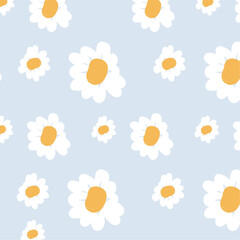 A Beautiful Seamless patterns with daisy flowers, meadow and hand drawn flowers on blue backgrounds vector illustration