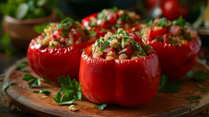 Four red bell peppers are filled with a mixture of vegetables and grains - obrazy, fototapety, plakaty