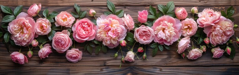 Pastel Floral Greeting Card: Close-Up of Fresh Pink Peonies and Roses on Rustic Wooden Background with Copy Space