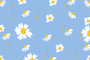 Seamless patterns with daisy flower, meadow and hand drawn flowers on blue backgrounds vector illustration