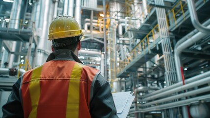 close-up of industrial pipes of oil refinery, back of engineer, technician, reading drawing, drawing, industrial engineering, blueprint, industrial background.