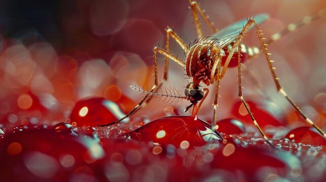 A closeup mosquito drinks blood from a human.
