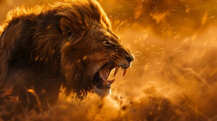 Majestic lion roaring with a fiery mane in the golden savannah light