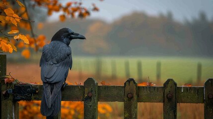 Obraz premium A raven sits on a fence on a gloomy November day against a stormy sky.