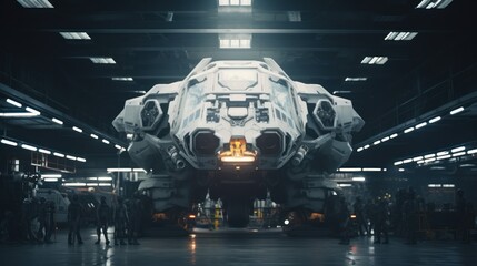 Fototapeta premium Spaceship in the Universe, spacecraft flying in deep space with stars in the background. Future scientific vessel technology, space travel.