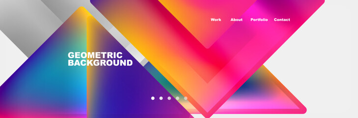 A vibrant geometric background featuring colorful triangles in shades of orange, purple, and magenta on a white backdrop. The design creates a dynamic slope with a modern and eyecatching aesthetic