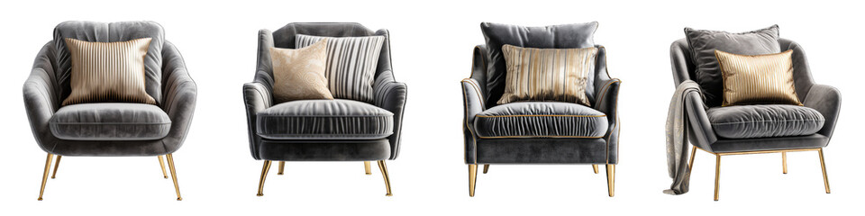 Pack of a Modern armchair Black and Golden on Transparent Background - obrazy, fototapety, plakaty