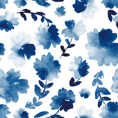 Watercolor floral in blue and white. Seamless pattern.  - 789907161