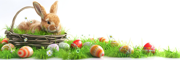 Cute bunny rabbit on green grass with painted easter eggs in basket and flower holiday festive background happy easter concept,Easter bunny with eggs.

