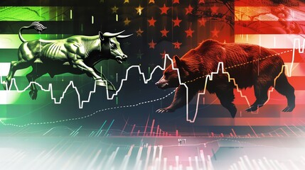 A splitscreen image one side with a soaring green stock market graph and a triumphant bull charging forward, the other side with a plummeting red graph and a panicked bear running away Both sides have