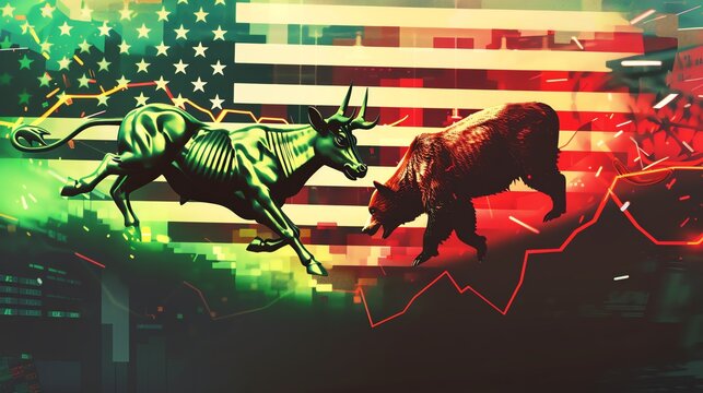 A splitscreen image one side with a soaring green stock market graph and a triumphant bull charging forward, the other side with a plummeting red graph and a panicked bear running away Both sides have