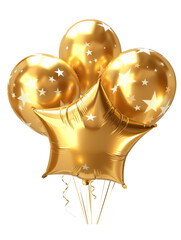 Shiny golden balloons with stars for festive decoration isolated on transparent background