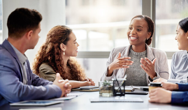 Naklejki Discussion, meeting and business people in office for teamwork, planning or review at table. Collaboration, professional and group of diverse employees for ideas, conversation or project development