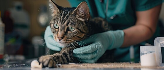 Veterinarian fitting prosthetic limb on injured cat for comfort and functionality in hyper-realistic image