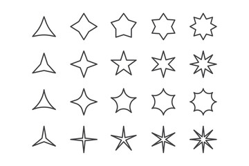 Collection of outline style stars in various shapes and sizes - obrazy, fototapety, plakaty