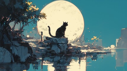 cat against the background of the moon