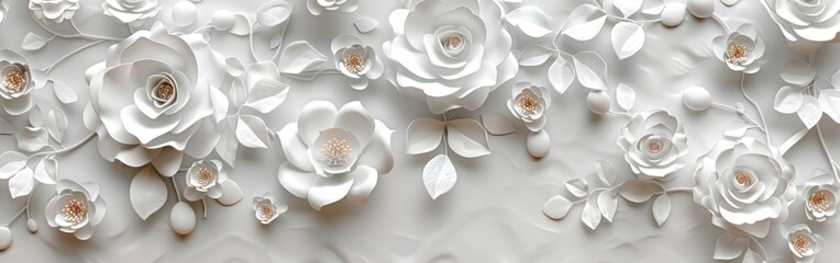 White Paper Flowers on Floral Background - 3D Render Digital Illustration for Weddings and Valentine's Day